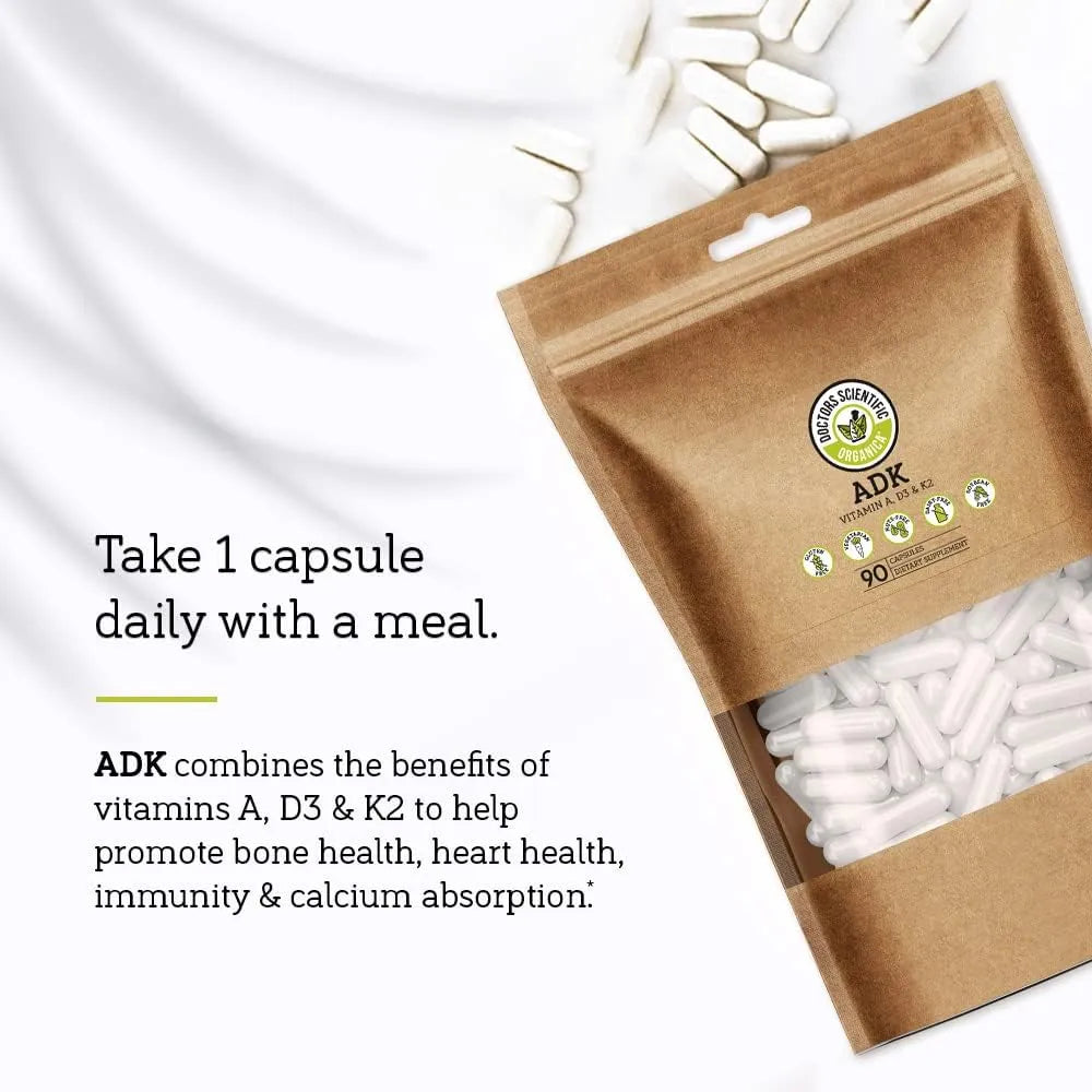 Vitamina ADK 90 Cápsulas Salud Ósea Cardíaca Absorción Calcio Vegano