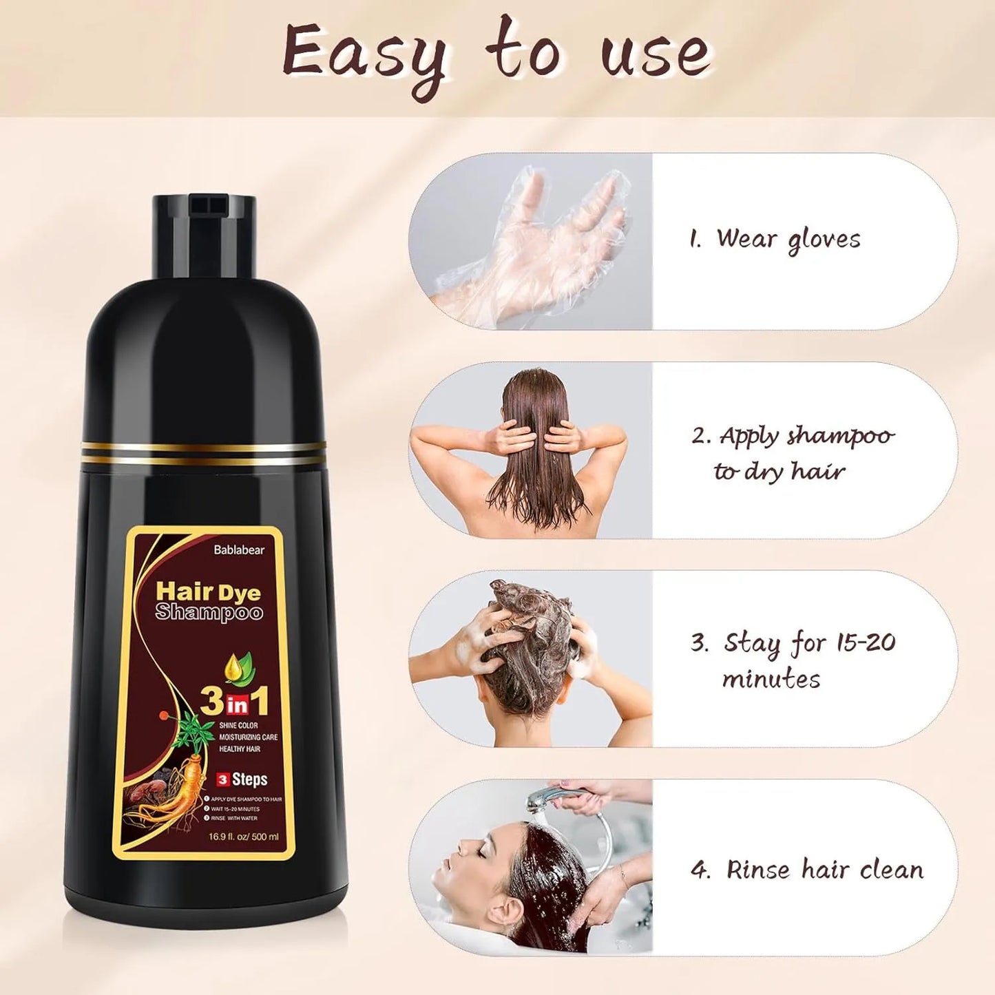 Champú Color Marrón Oscuro Para Cabello Gris Tinte Instantáneo 500 Ml