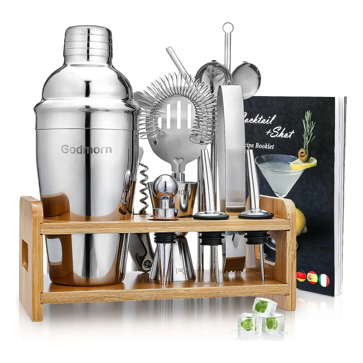 Kit De Cocteleria 15 Piezas Con Soporte Bambu Y Libro Recetas Acero Inoxidable