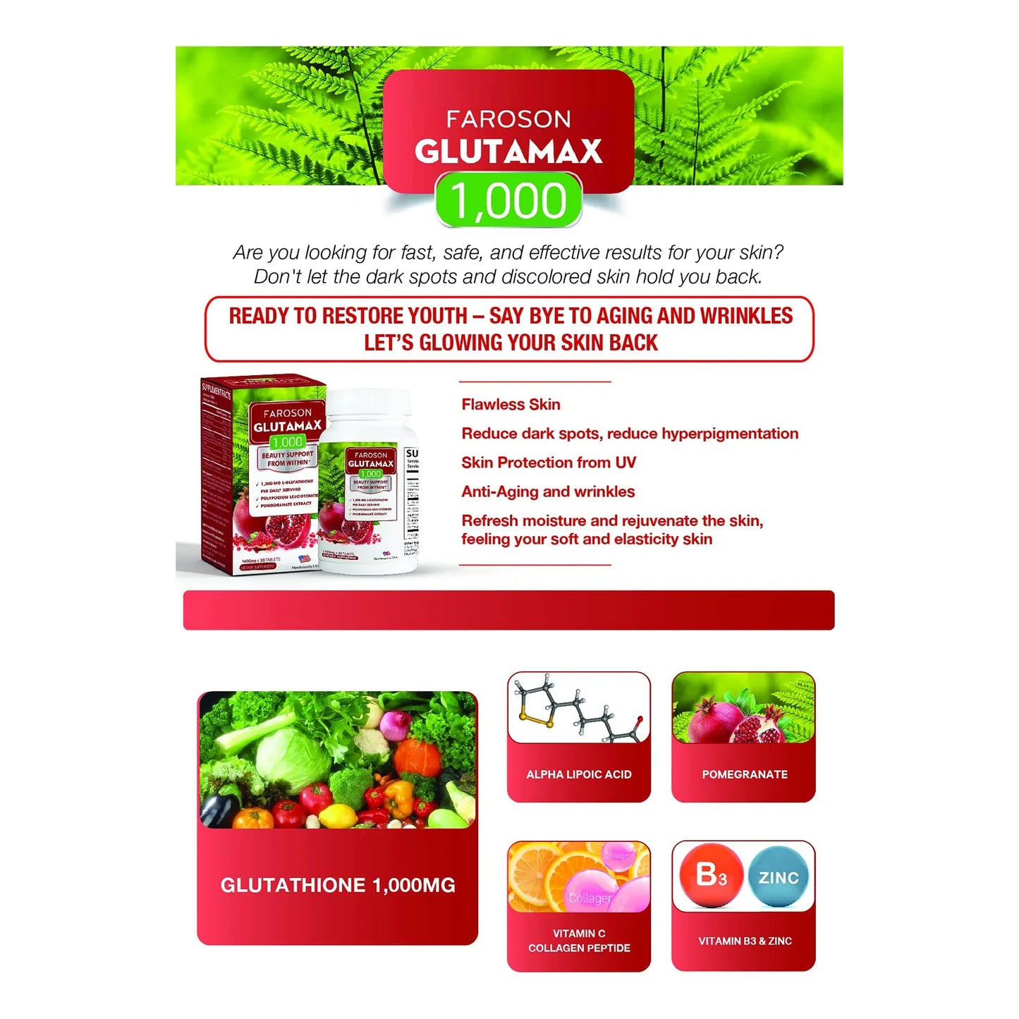 Blanqueamiento Facial Glutatión 1000 Mg Piel Radiante Y Joven