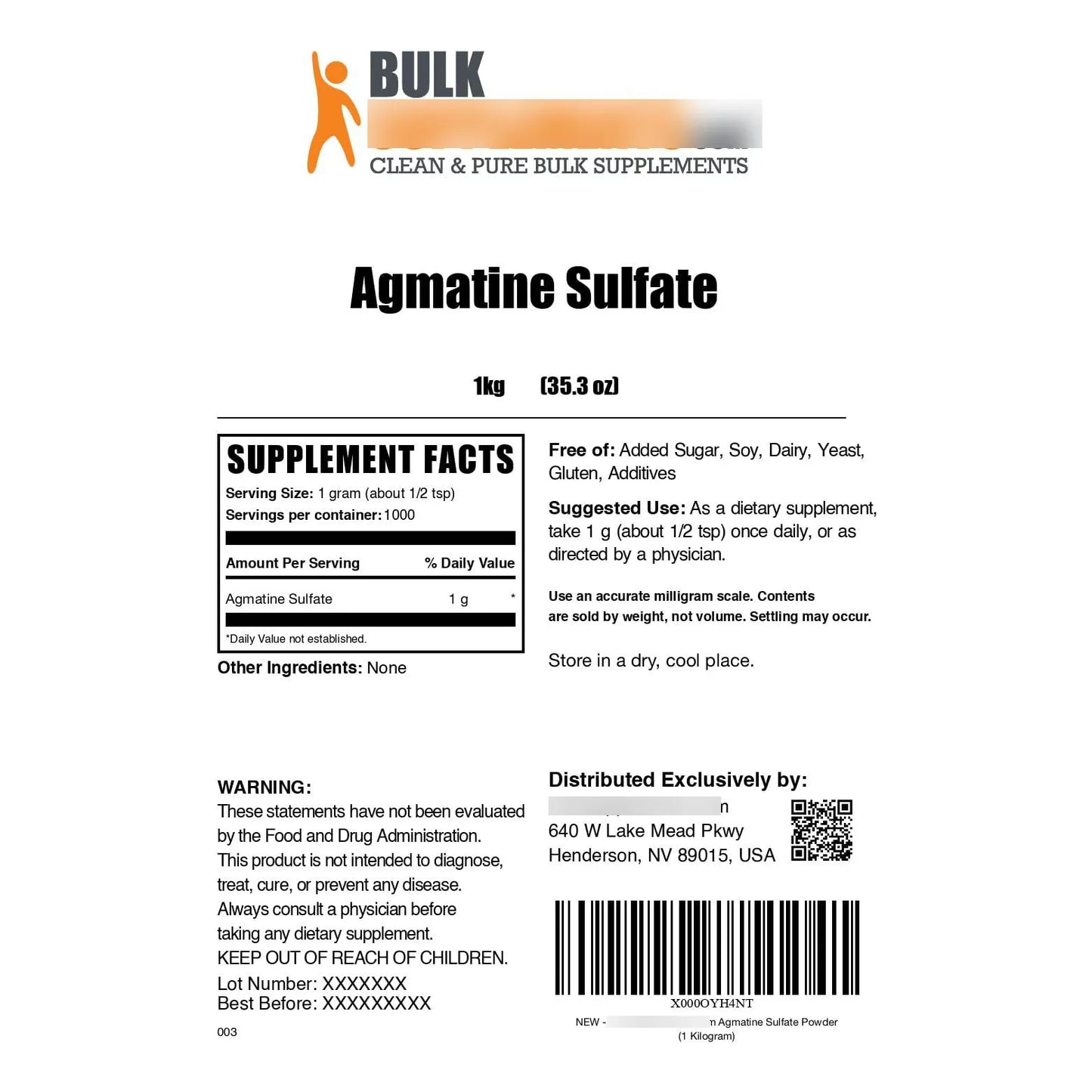 Polvo De Sulfato De Agmatina 1 Kg Potenciador De Óxido Nítrico Suplemento Preentrenamiento