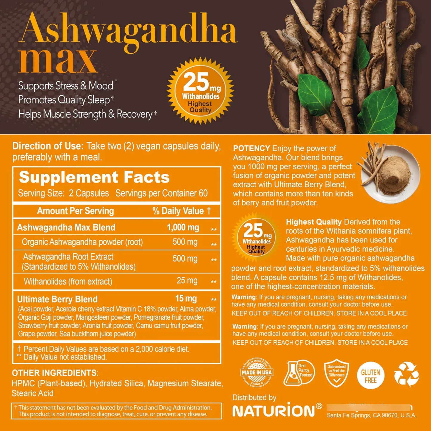 Ashwagandha Max Polvo Organico Extracto Raiz Relajacion Sueno Energia