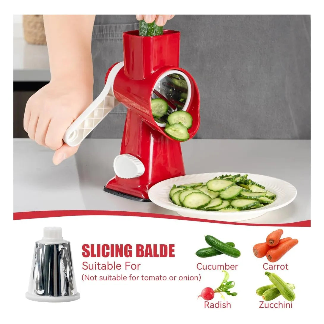 Rallador Rotativo De Queso 3 Cuchillas Intercambiables Rojo Facil Y Rapido