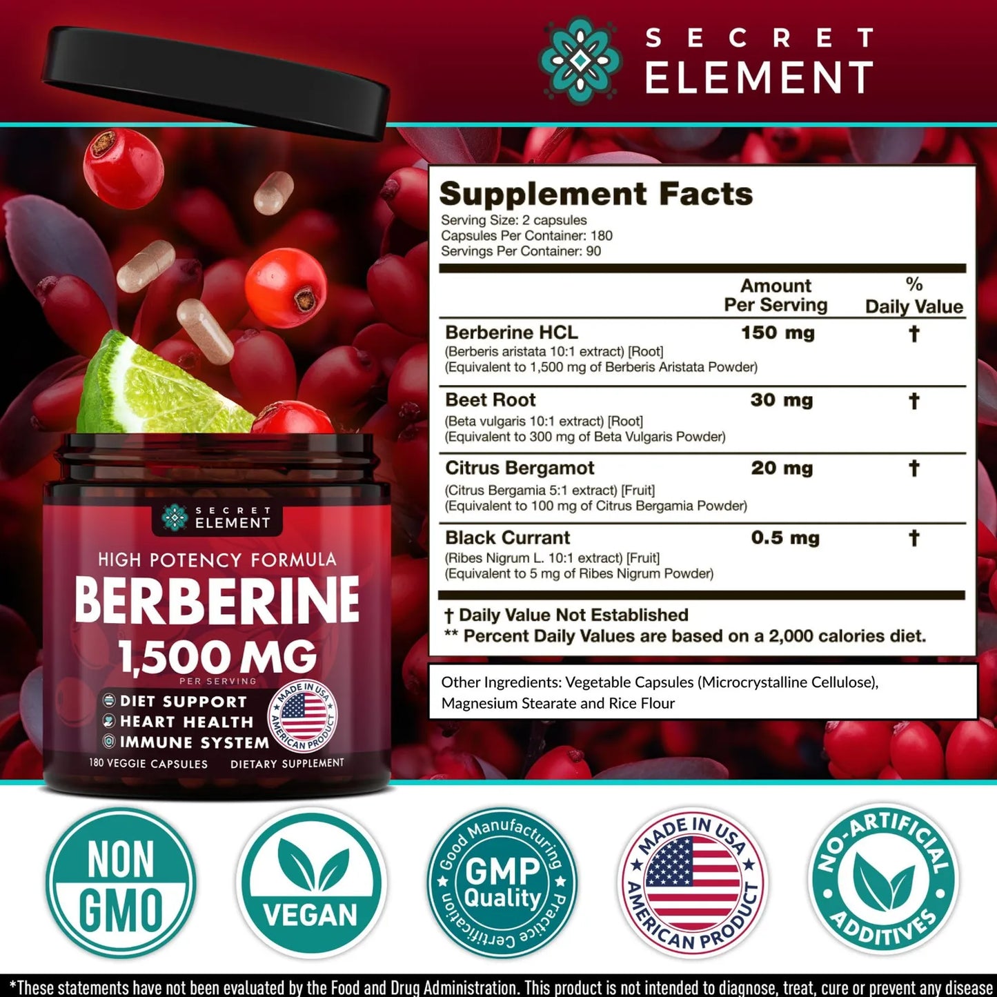 Berberina HCL 1500 Mg Capsulas Veganas Alta Potencia Con Raiz De Remolacha Y Bergamota