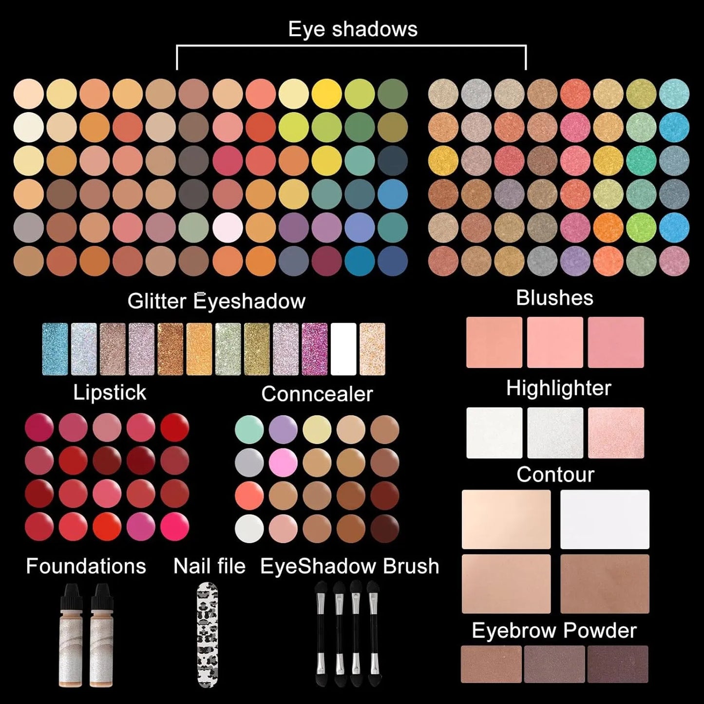 Kit Completo Maquillaje Profesional 187 Colores Sombras Labios Miss Rose M