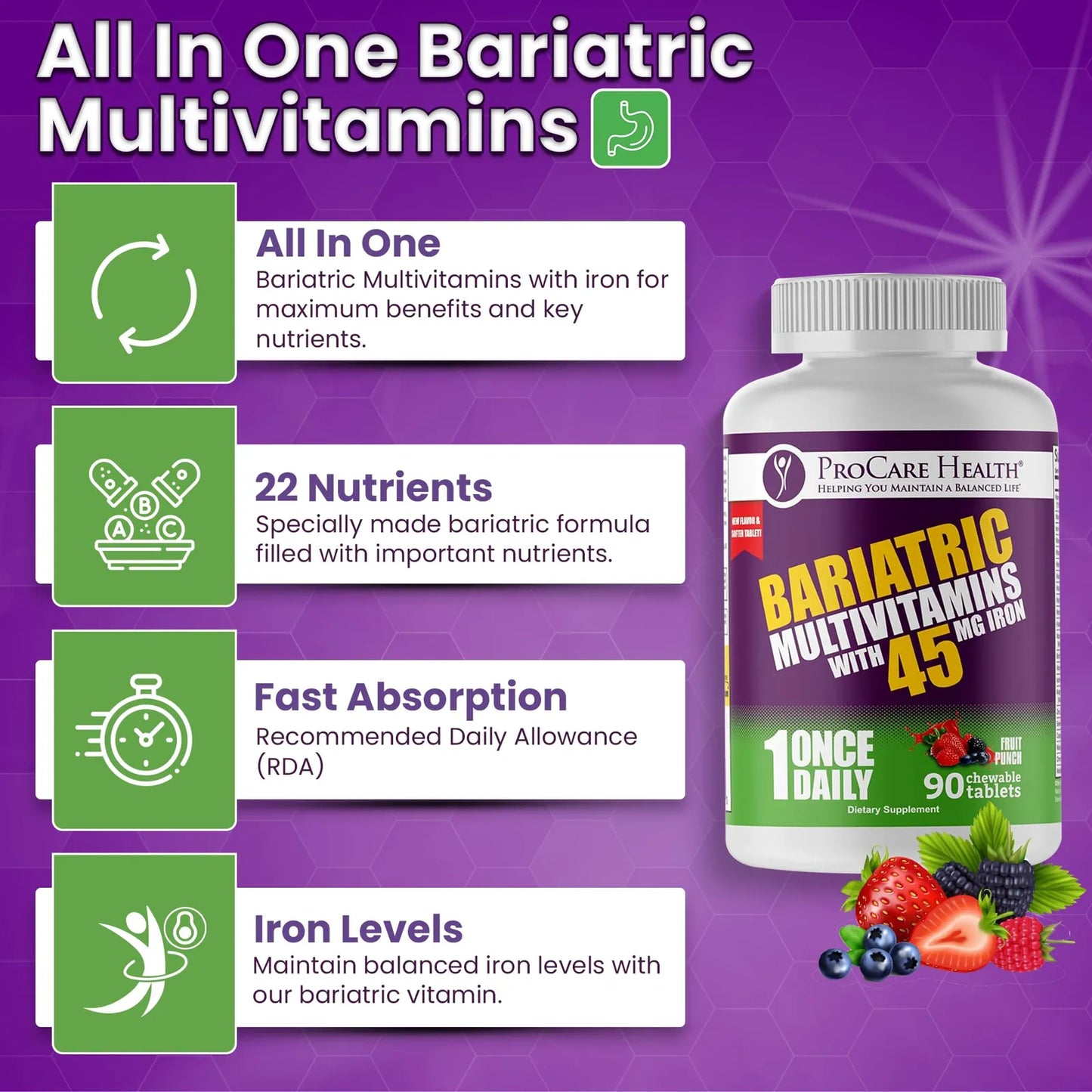 Multivitamínico Bariátrico Masticable Con Hierro 45 Mg Sabor Ponche De Fruta 90 Tabletas
