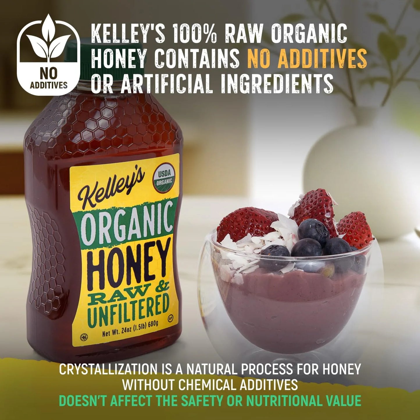 Miel Cruda Orgánica Kelley's Botella Exprimible 24 Onzas Certificada USDA