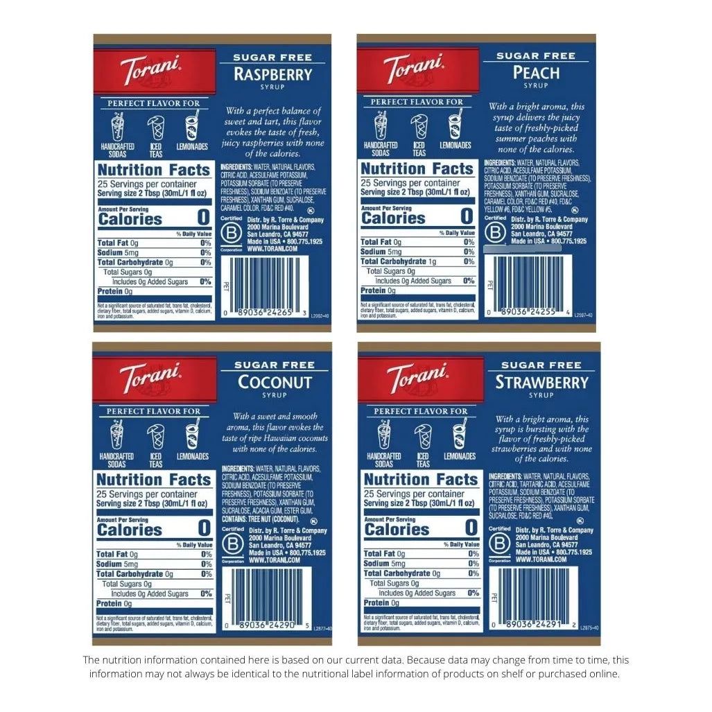 Torani Pack Surtido Jarabe Sin Azucar 4 Sabores Ideal Para Refrescos Y Cafes