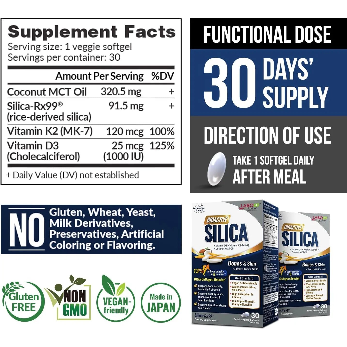 Sílice Bioactiva De Arroz 99% Pura 42 Mg De Silicio Por Dosis Labo Nutrition Suplemento Para Piel Cabello Uñas Y Huesos