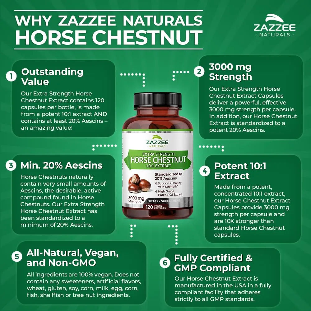 Extracto De Castaño De Indias 3000 Mg 120 Cápsulas Veganas Estandarizado 10X