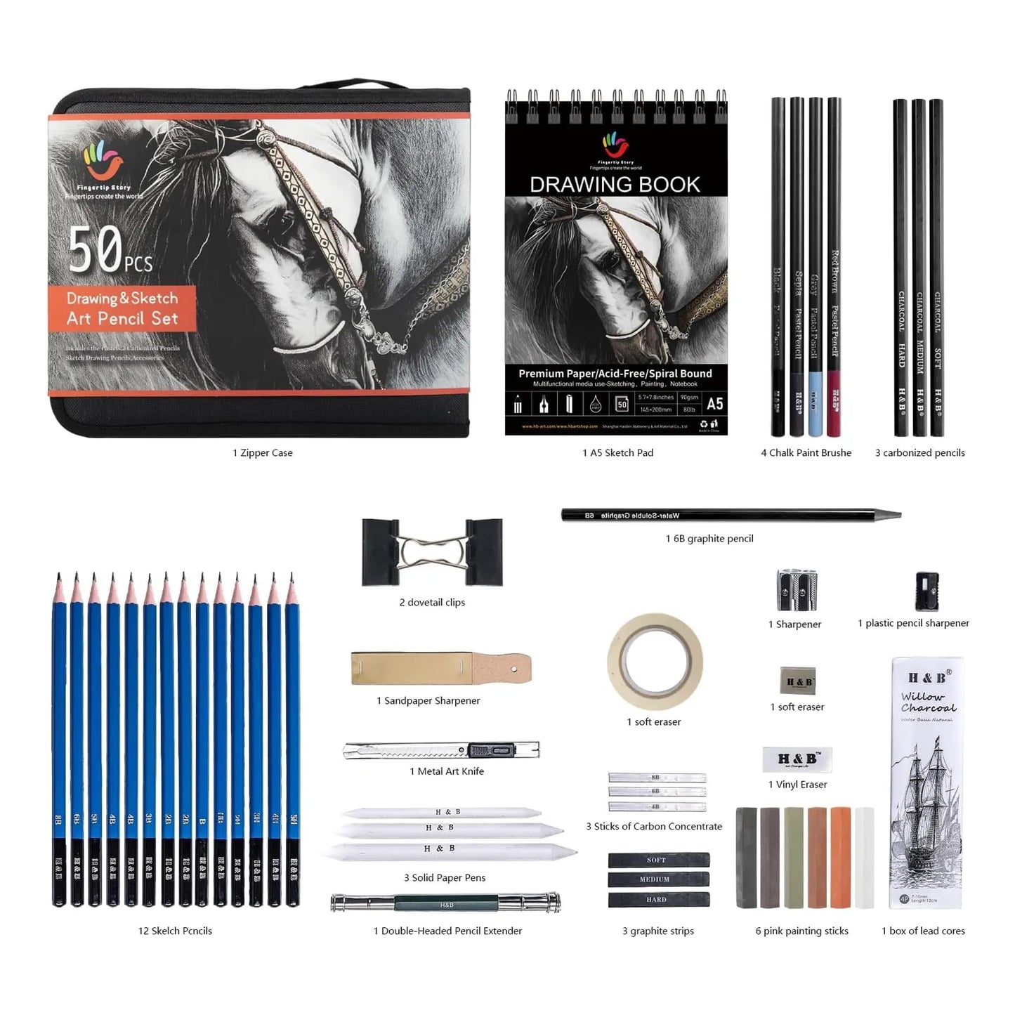 Kit Profesional 50 Piezas Dibujo Arte Lápices Acuarela Carbón Cuaderno Incluido