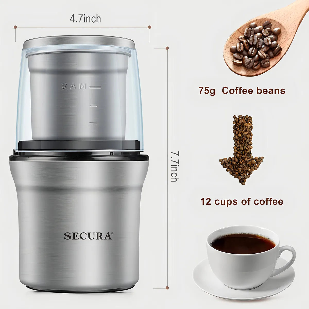 Molinillo Eléctrico De Café Y Especias Capacidad 75 G Cuchillas Acero Inoxidable