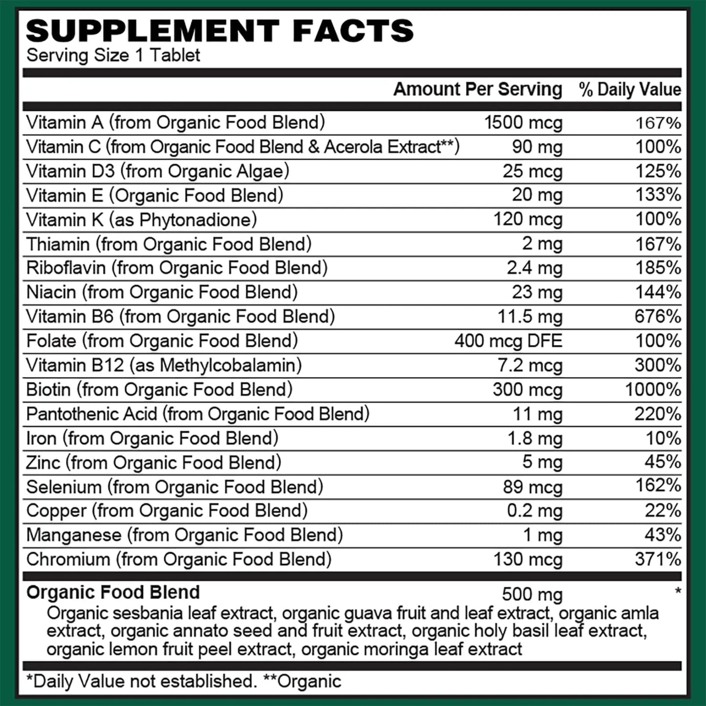 Multivitamínico Orgánico Diario Para Hombres Mezcla De Alimentos Integrales Vegano Sin OMG 30 Tabletas