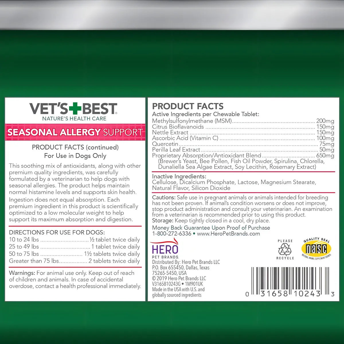 Vet's Best Alivio Alergias Piel Seca O Picazon 60 Tab Para Perros