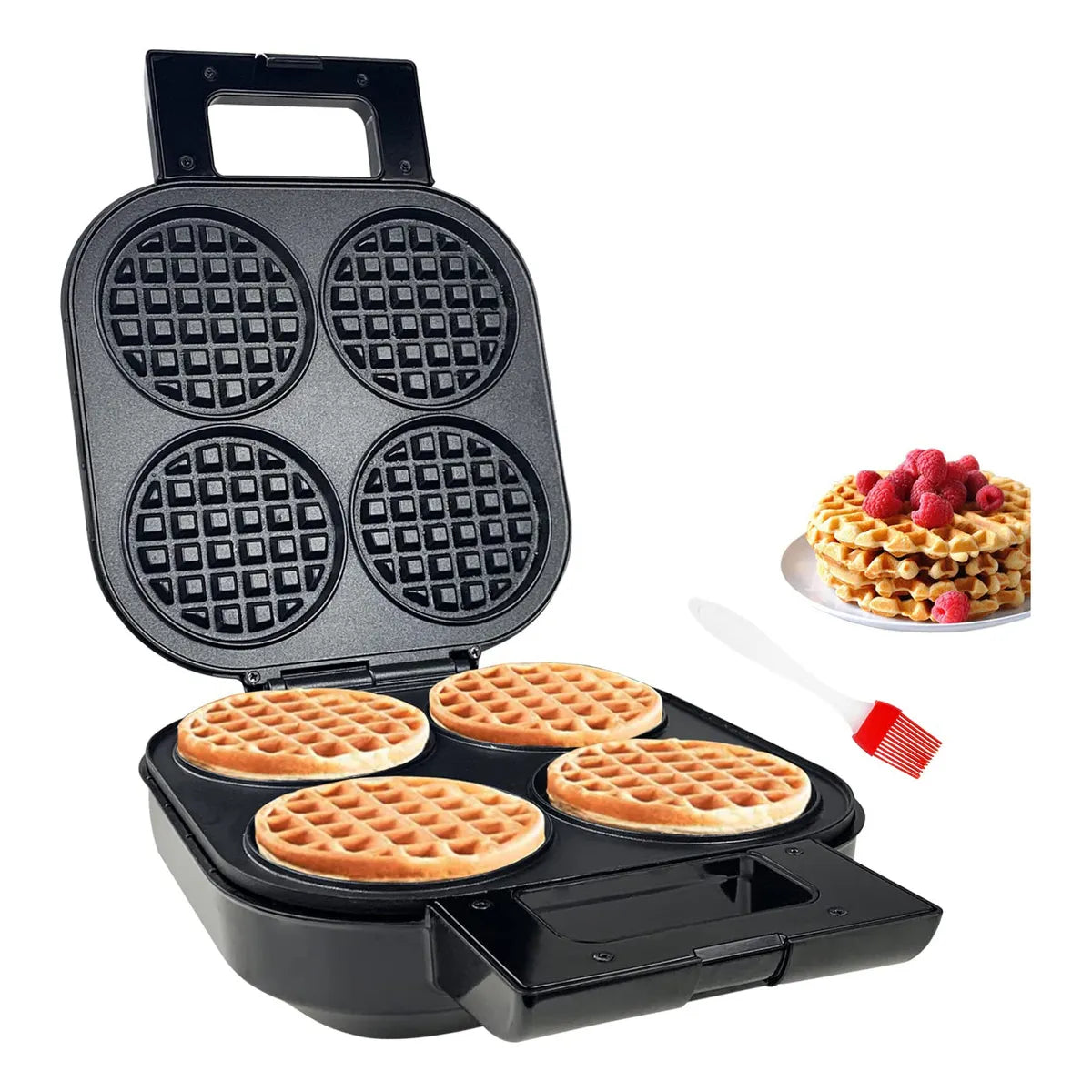 Aoruru Waffle Maker Plancha Para Gofres Belga Antiadherente 4 Mini Waffles Negro
