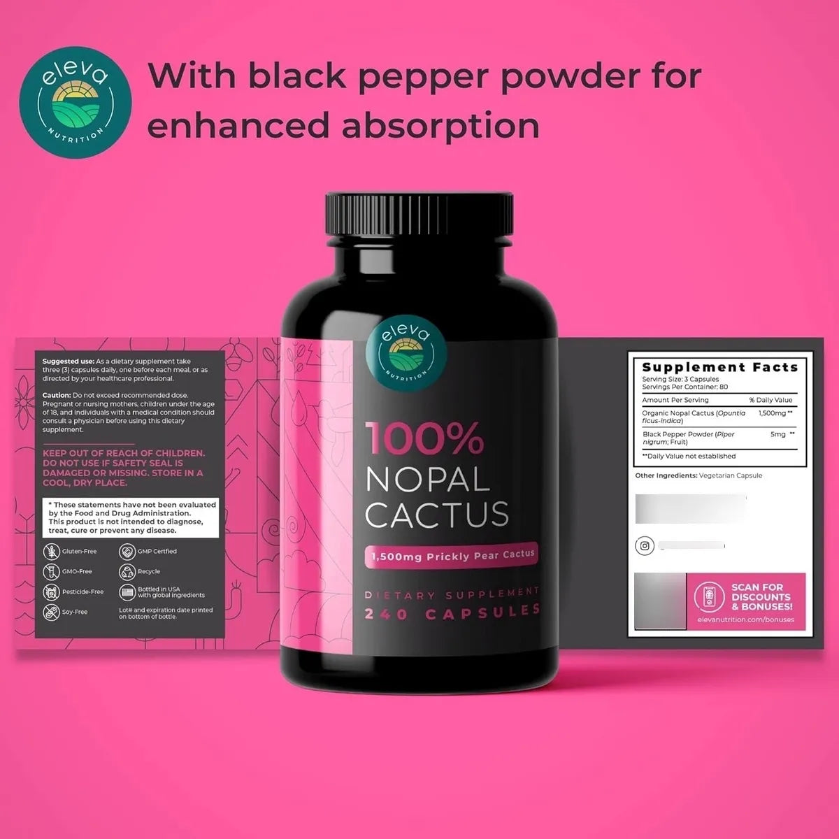 Capsulas De Nopal 1500 Mg Polvo Organico De Tuna Seca Con Pimienta Negra Para Mejor Absorcion