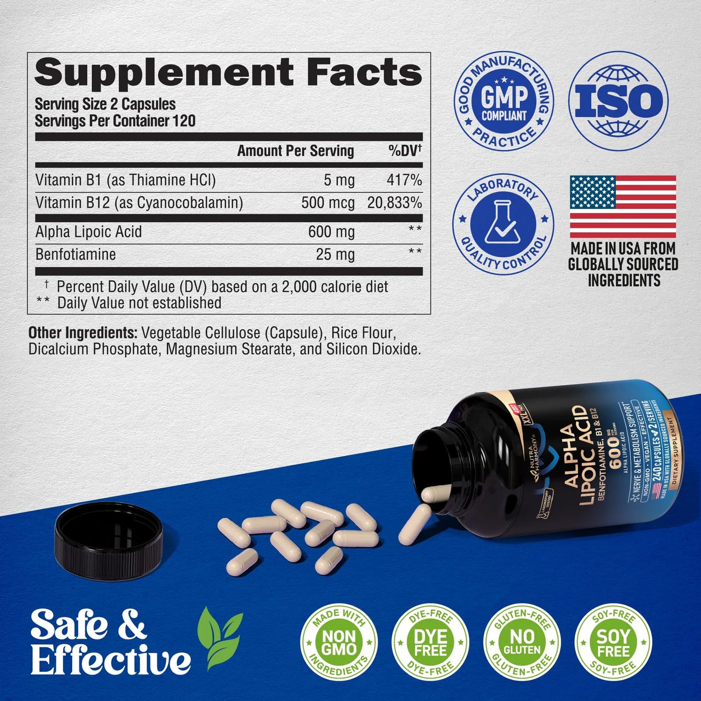 Ácido Alfa Lipoico 600 Mg Antioxidante Apoyo Nervioso Energía Y Metabolismo Vegano