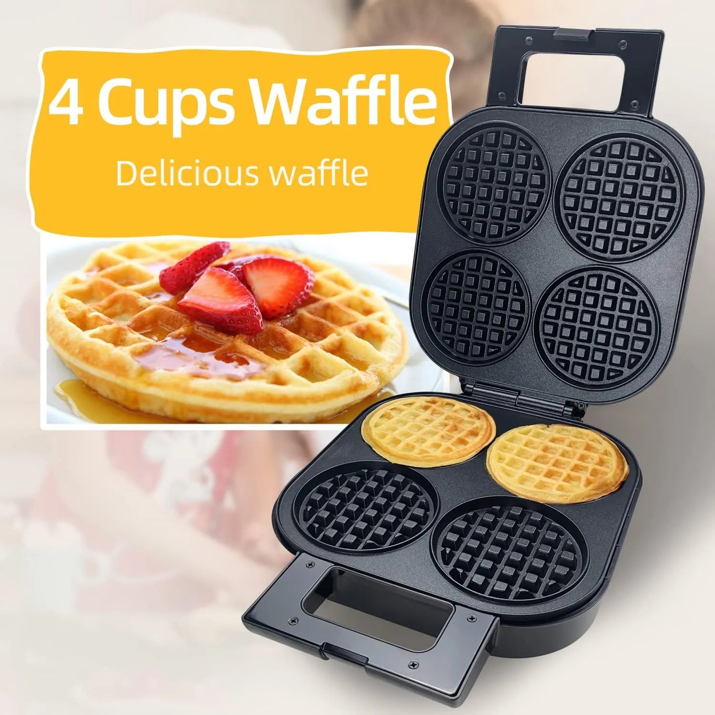 Plancha Waffles Belgas Antiadherente 1300W 4 Unidades Familiar Rapido Y Facil