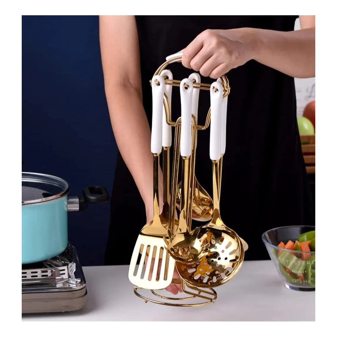 Juego De Utensilios De Cocina Aquax Acero Inoxidable 7 Piezas Con Estante
