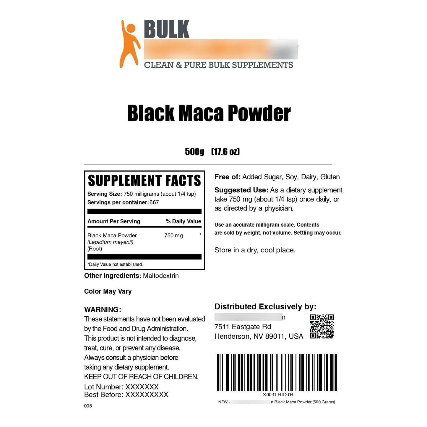 Maca Negra Cruda En Polvo 750 Mg Por Porción 500 G Vegano Sin Gluten