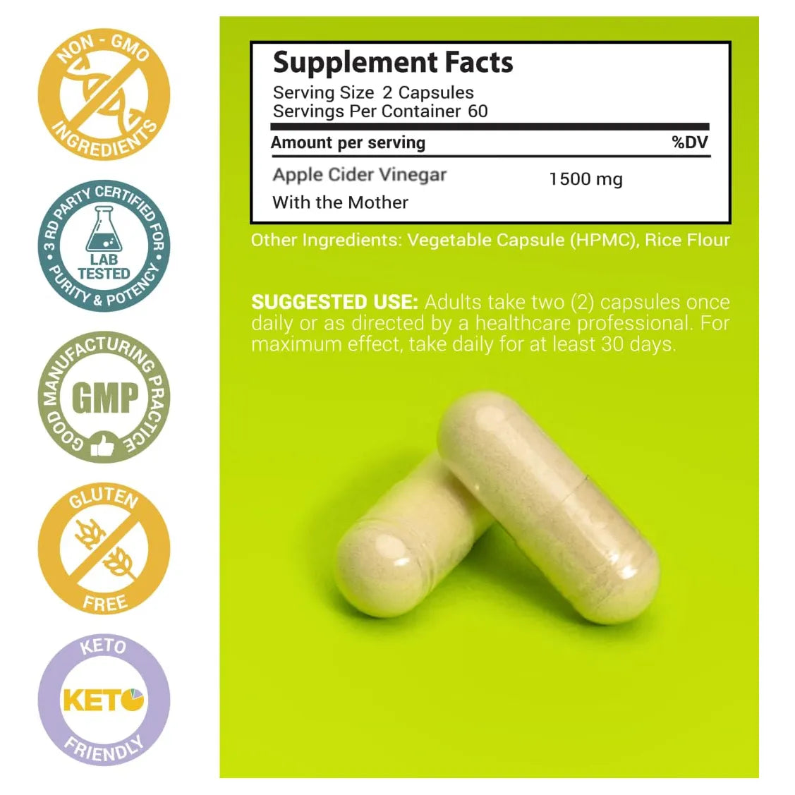 Cápsulas De Vinagre De Sidra De Manzana 1500 Mg Con The Mother Energía Y Digestión