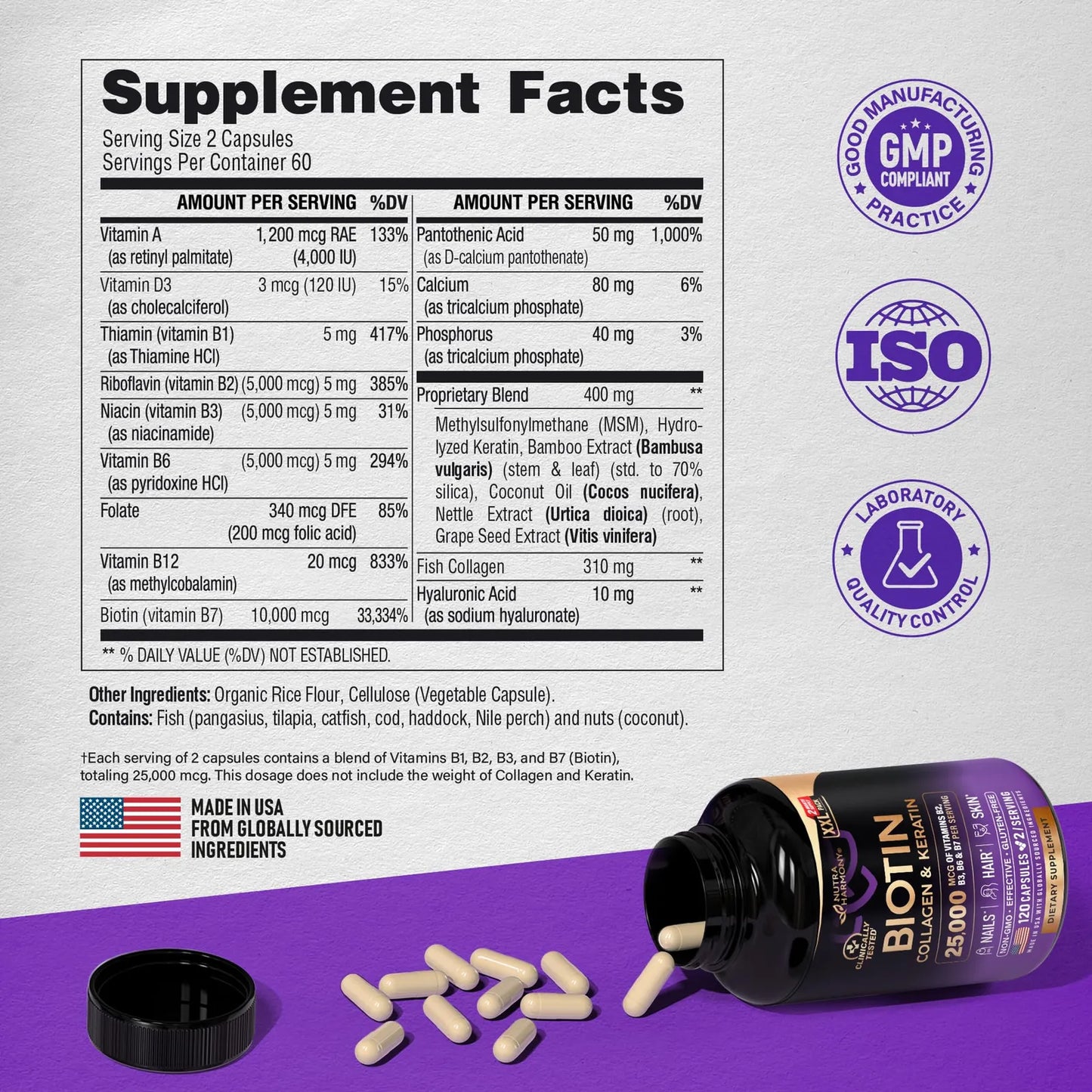Biotina Colágeno Queratina 25000 Mcg Suplemento Cabello Piel Uñas Vitaminas B