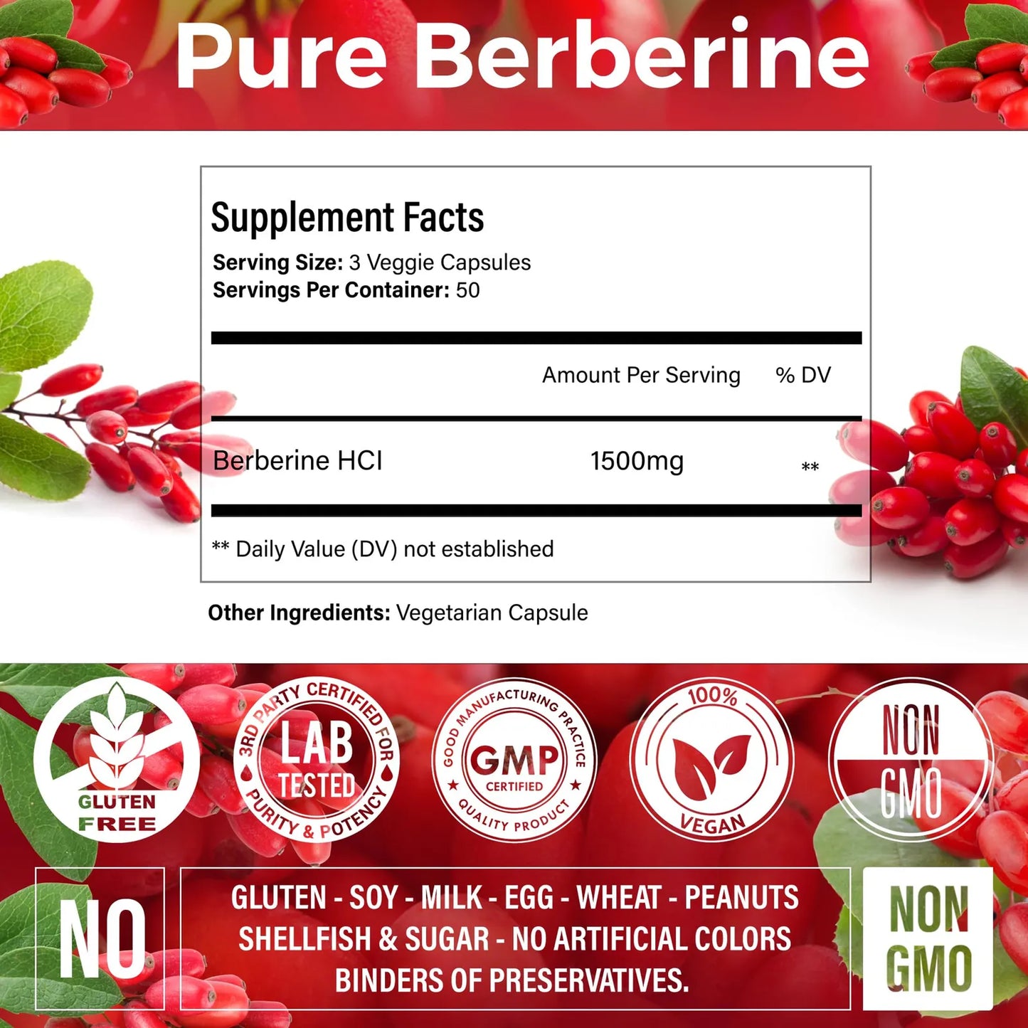 Berberina Premium 1500 Mg 150 Capsulas Soporte Inmunologico Puro Sin Gluten