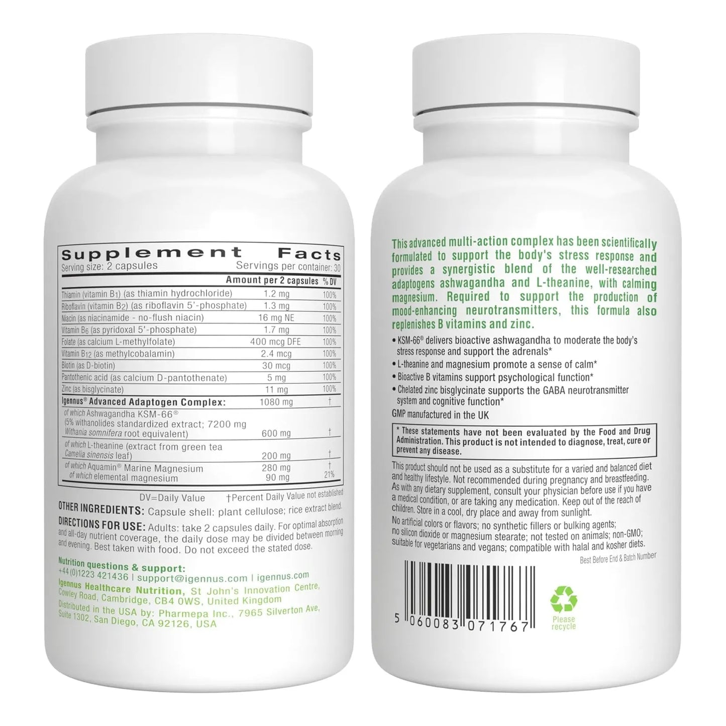 Complejo Adaptogeno Ashwagandha KSM66 LTeanina Magnesio Alivio Estrés y Sueño
