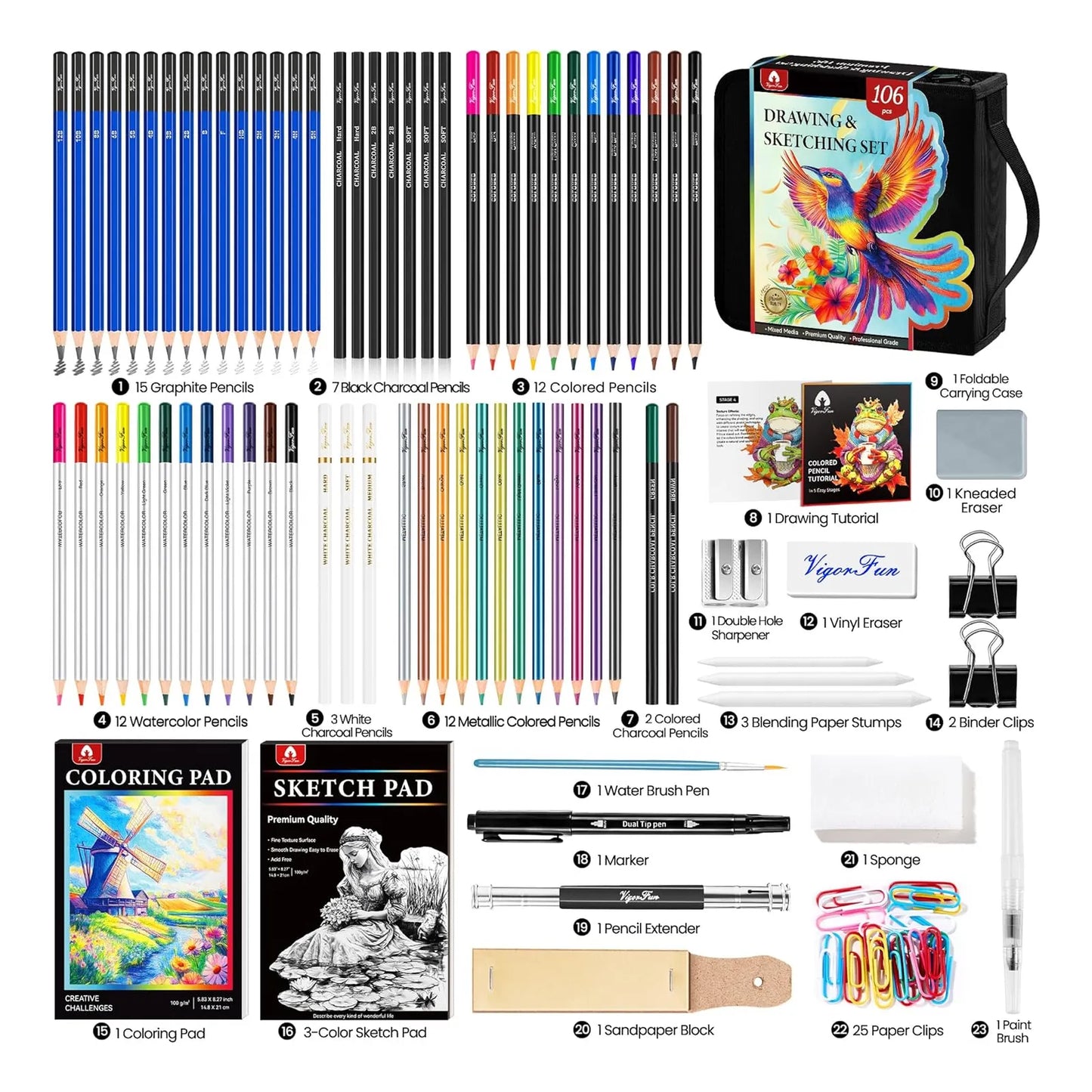 Kit Bocetos 106 Piezas Lápices Dibujo Profesional Cuaderno Colorear Arte