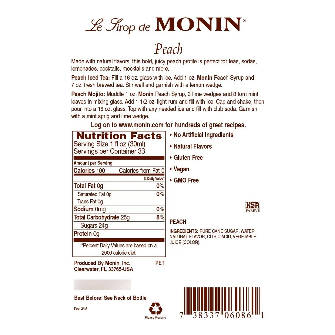 Jarabe De Melocotón Monin 1 Litro Sabores Naturales Sin Gluten