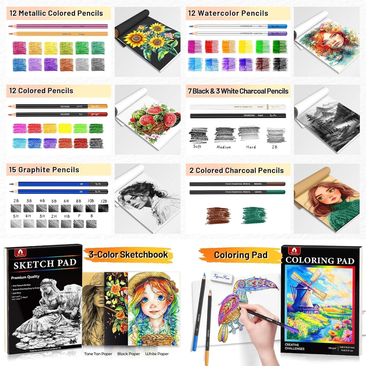 Kit Bocetos 106 Piezas Lápices Dibujo Profesional Cuaderno Colorear Arte