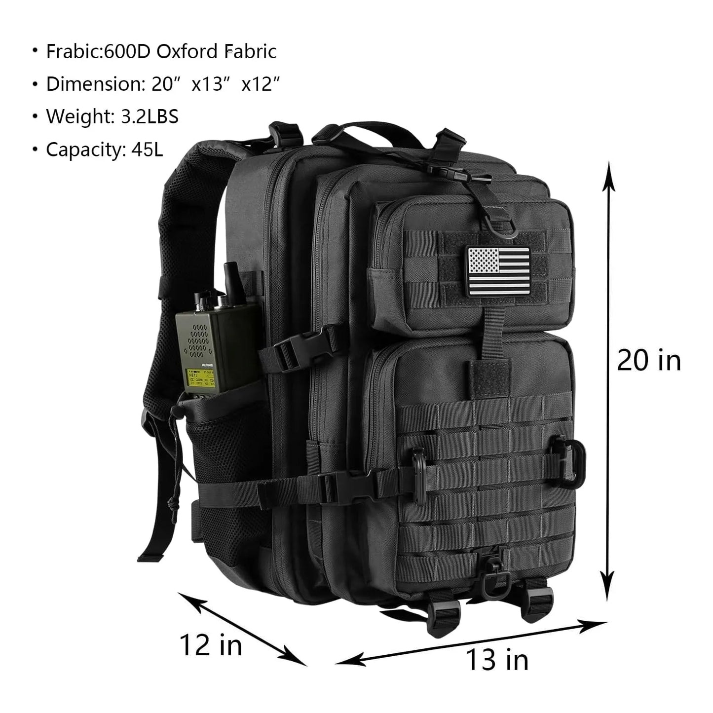 Mochila Táctica Militar 45L Resistente Al Agua Con Sistema MOLLE Y Compartimento Hidratación
