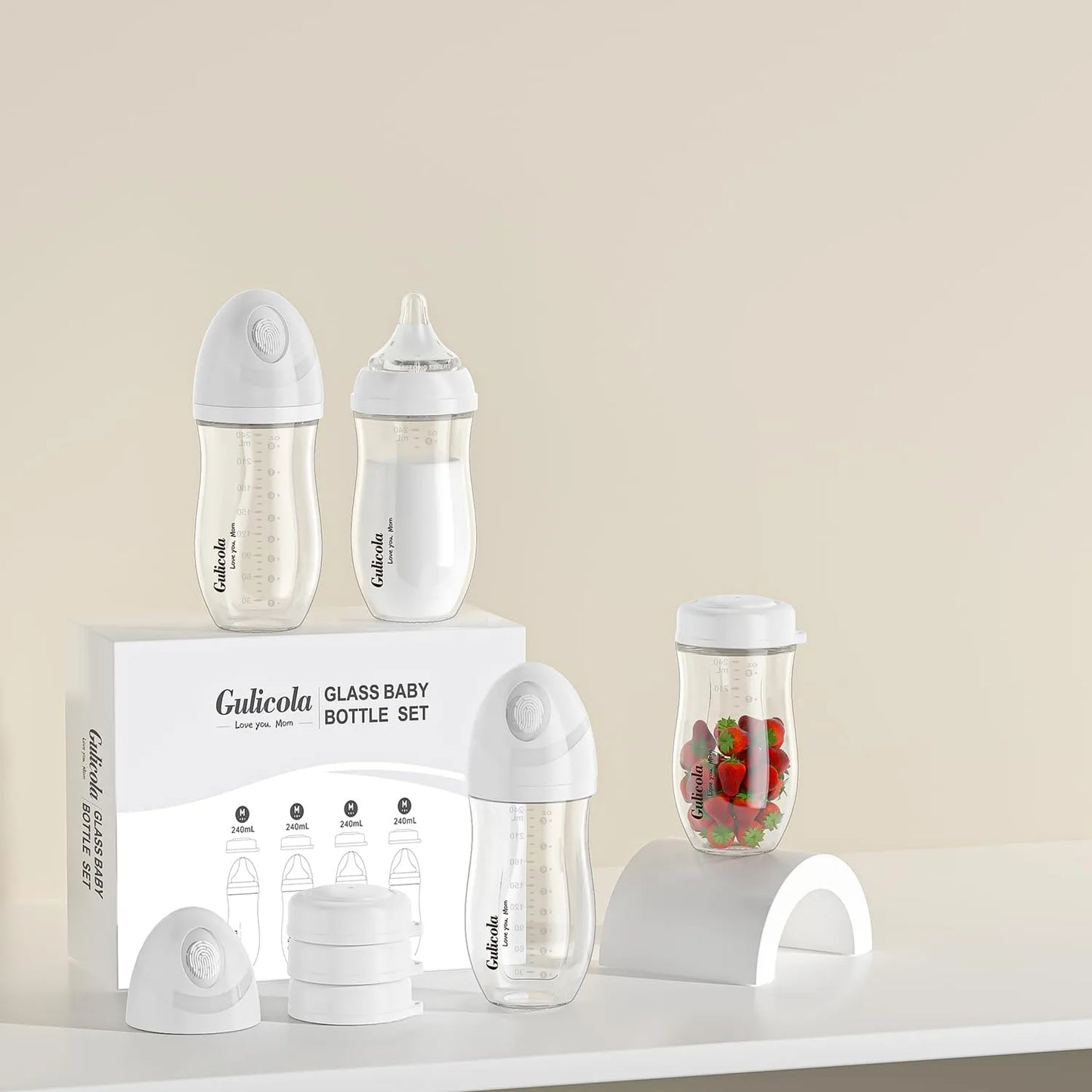 Set De 4 Biberones De Vidrio Anti Cólicos Pezón Flujo Medio 240 Ml