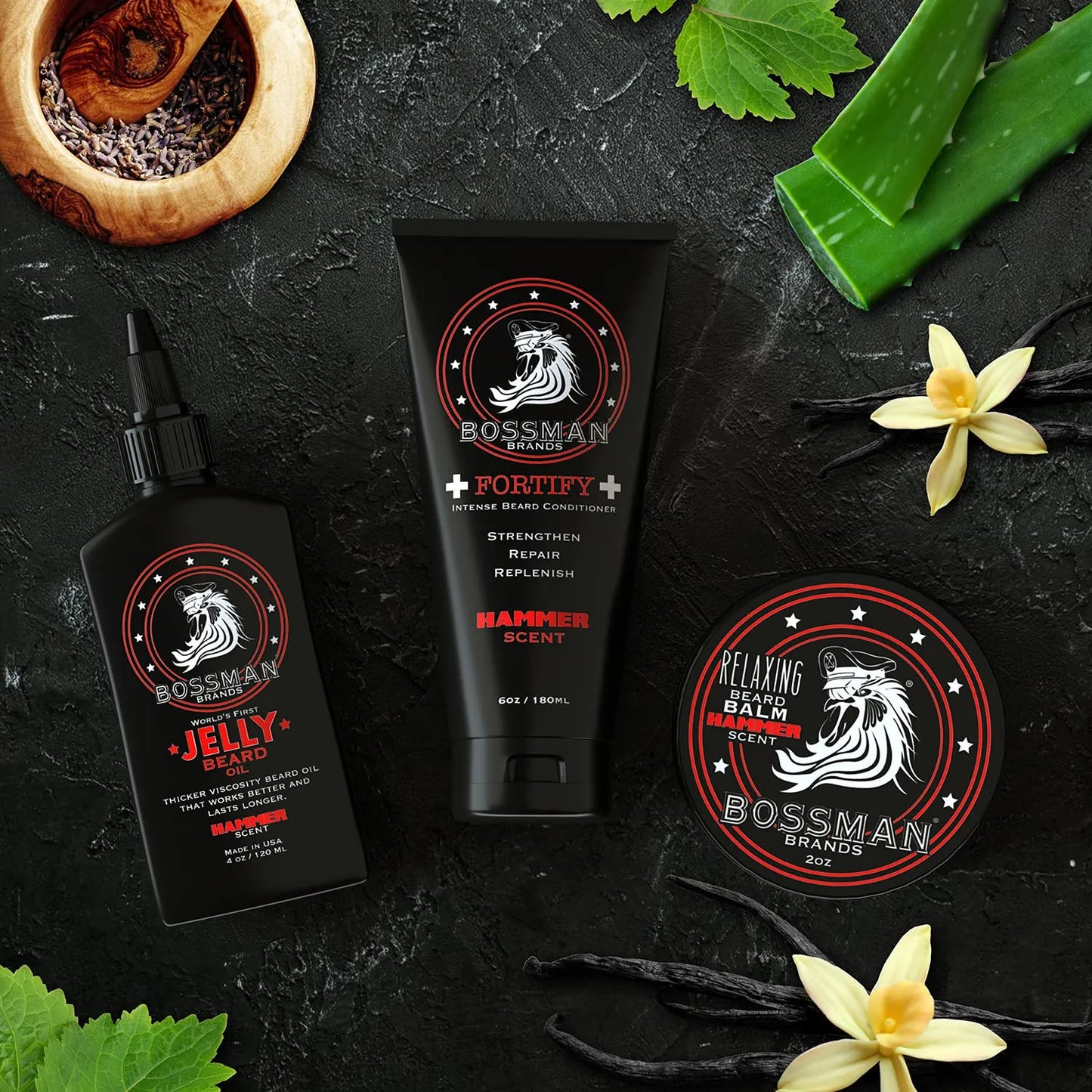 Kit Cuidado Barba Bossman Essentials Aceite Acondicionador Y Bálsamo Hammer