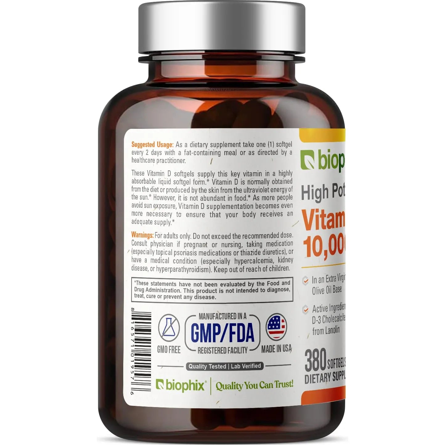Vitamina D3 10000 UI 380 Cápsulas Blandas Alta Potencia En Aceite De Oliva