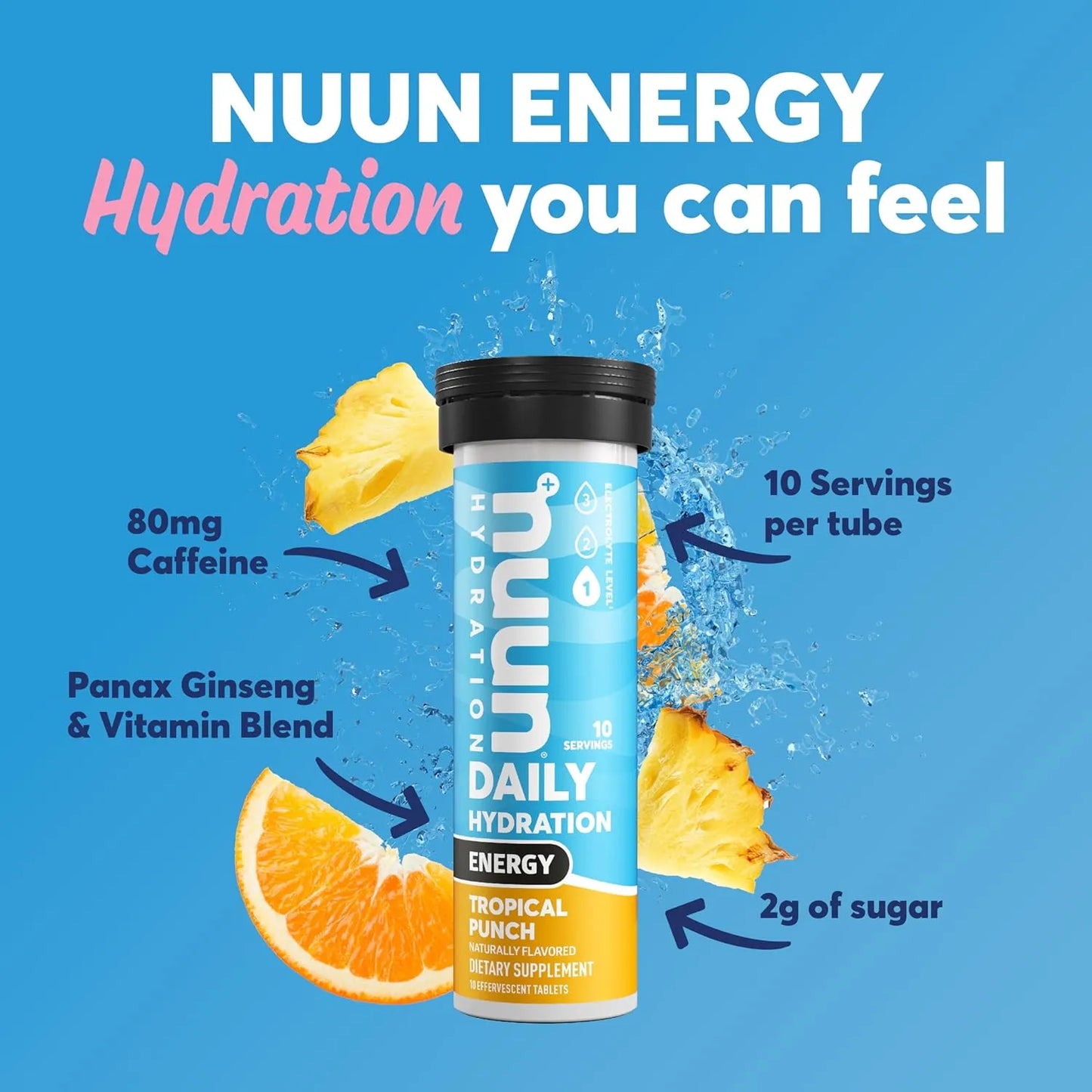 Nuun Energia Tabletas 80 Unidades Golpe Tropical Cafeina Ginseng Hidratacion Vitaminas