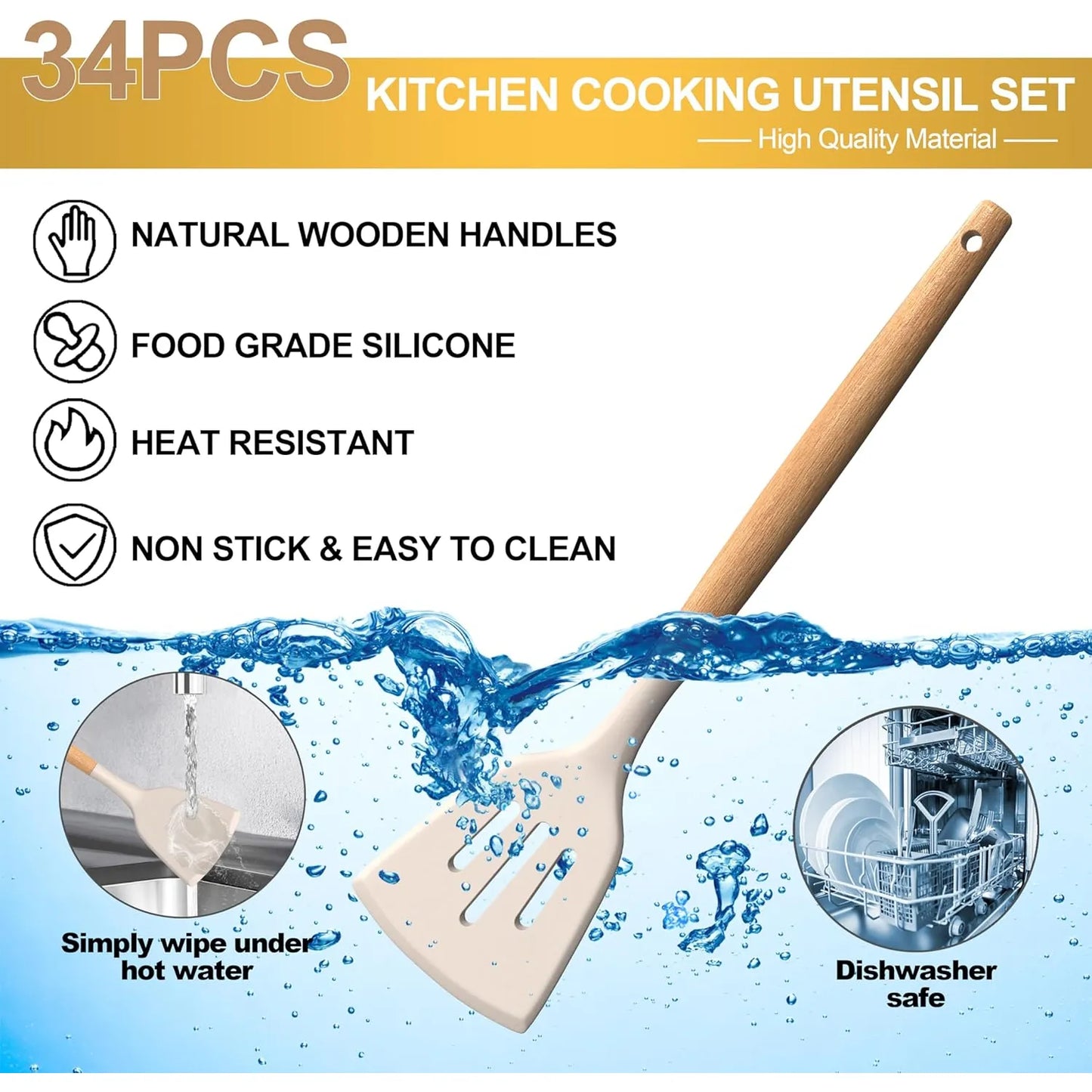 Juego De Utensilios Cocina Silicona 43 Piezas Antiadherentes Mangos Madera Resistente Al Calor