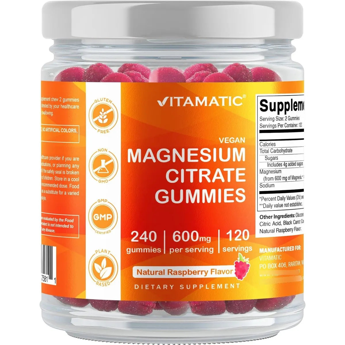 Gomitas De Citrato De Magnesio 600 Mg 240 Unidades Sabor Frambuesa Veganas