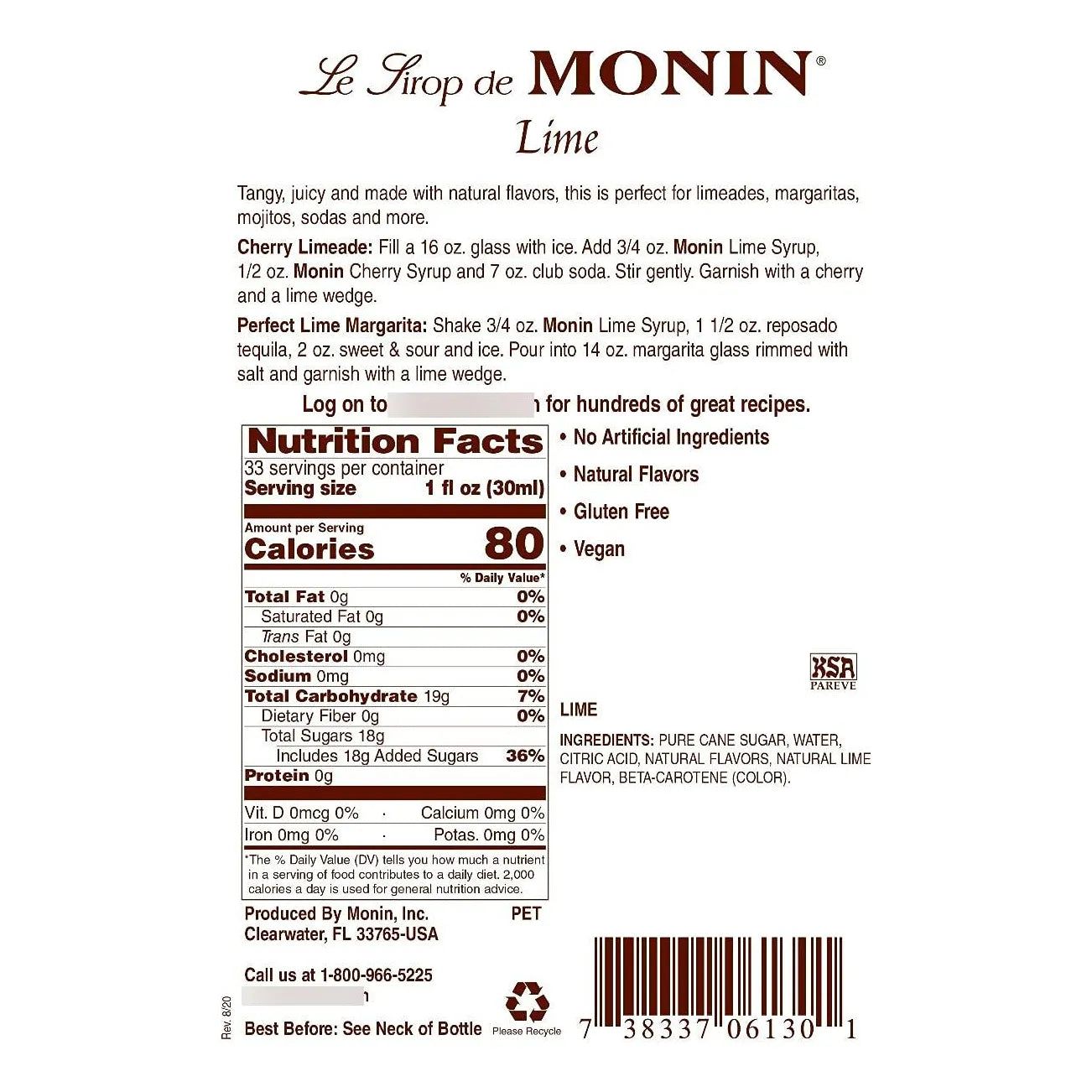Jarabe De Lima Monin 1 Litro Sabor Fresco Para Cocteles Y Bebidas