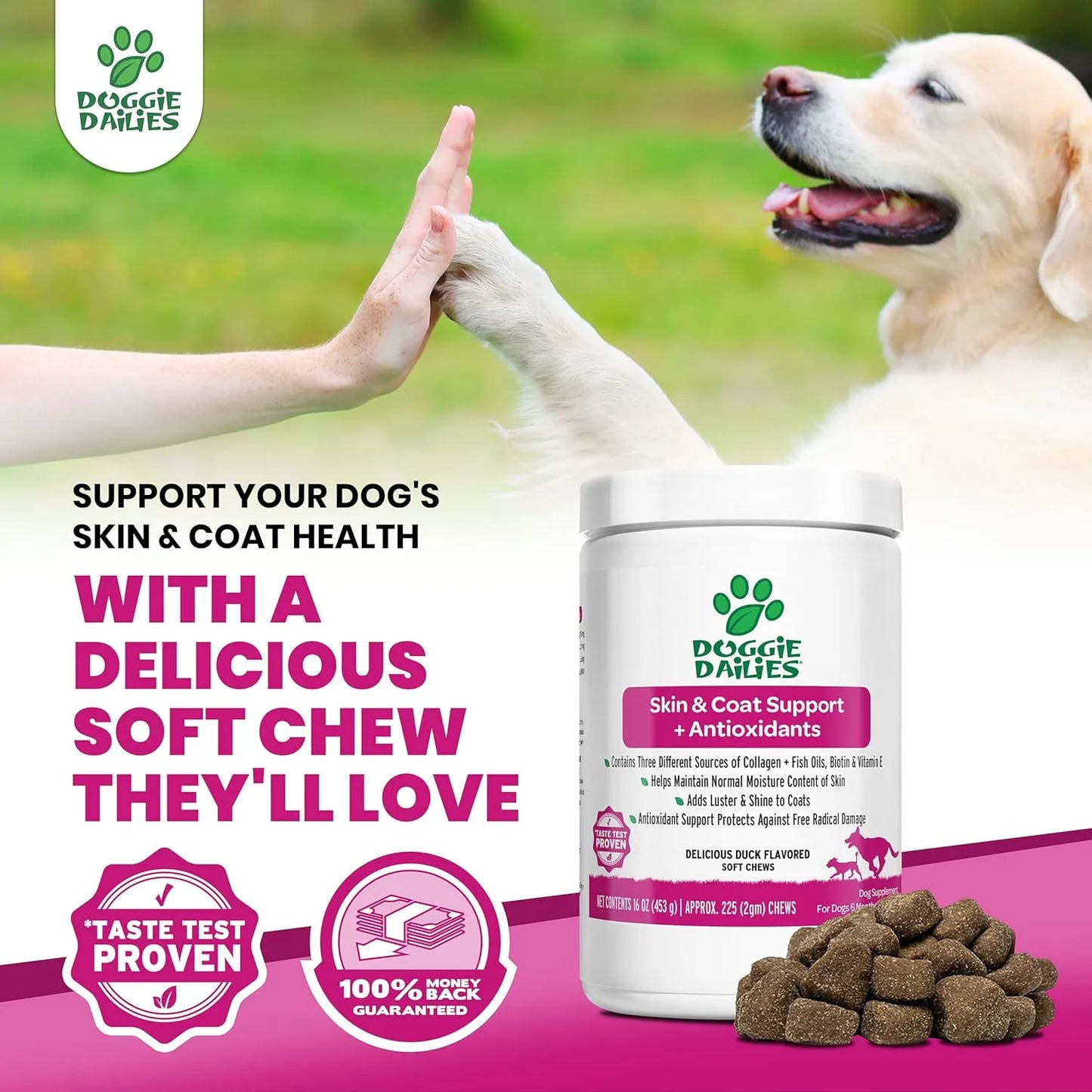 Masticables Suaves Para Piel Y Pelaje De Perros Con Aceite De Salmon Y Colageno 225 Unidades