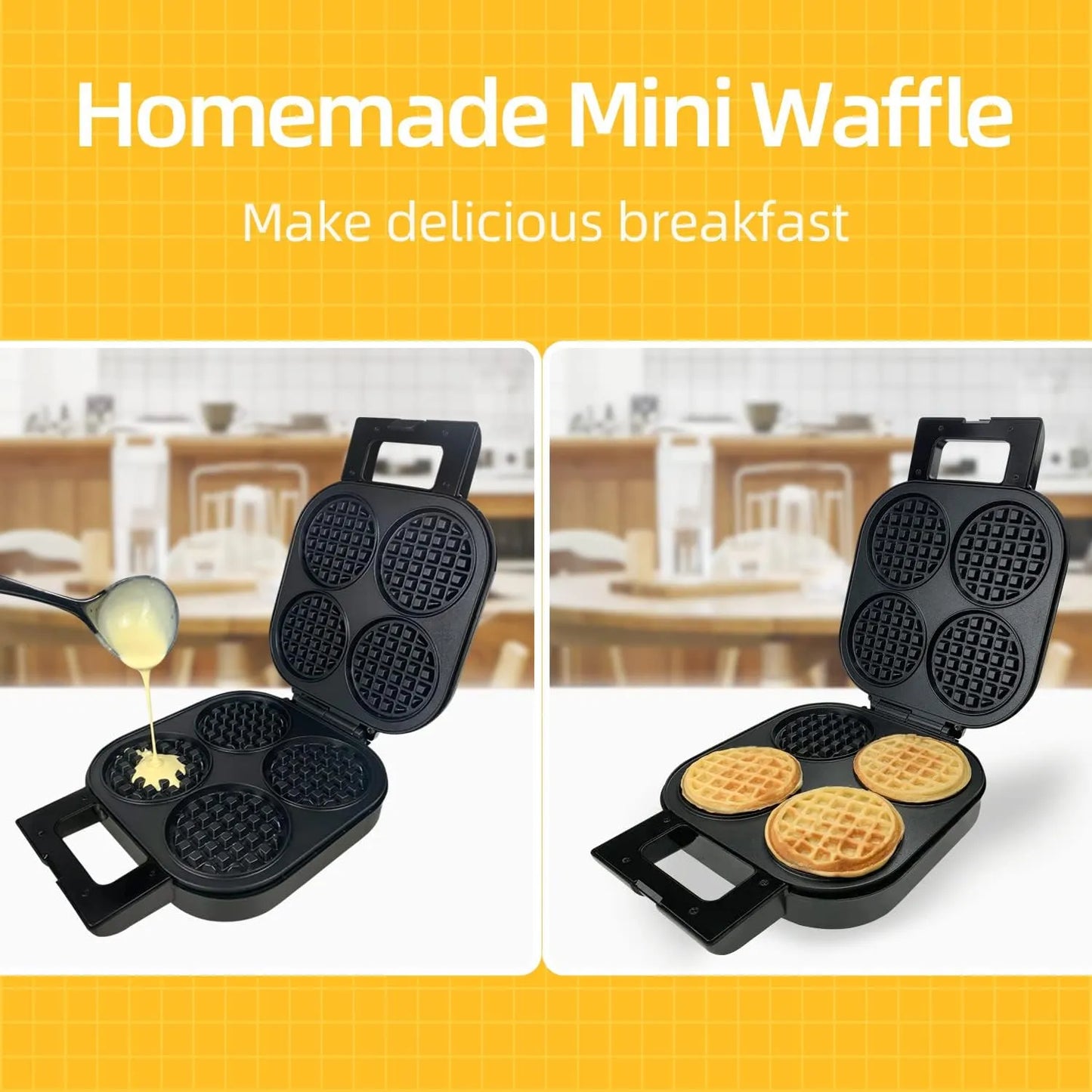 Plancha Waffles Belgas Antiadherente 1300W 4 Unidades Familiar Rapido Y Facil