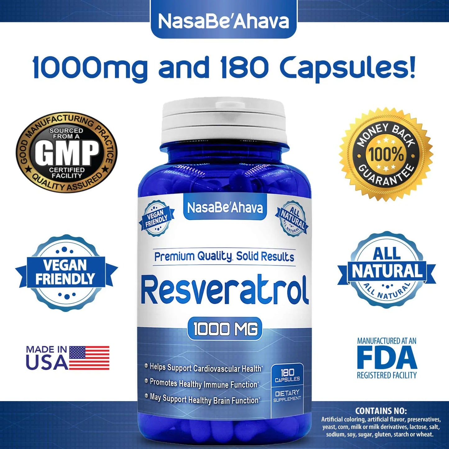 Capsulas Resveratrol 1000 Mg Antioxidante Vegano Facil Absorcion Piel Corazon Cerebro