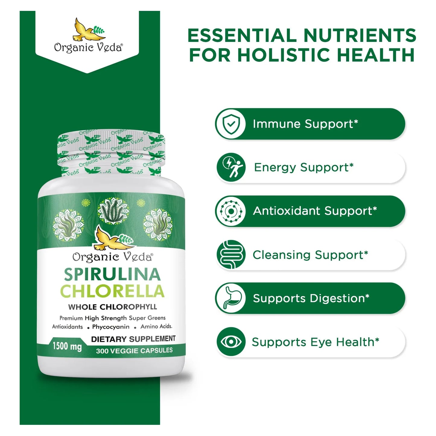 Cápsulas De Espirulina Y Clorella Orgánica 1500 Mg 300 Unidades Energía E Inmunidad