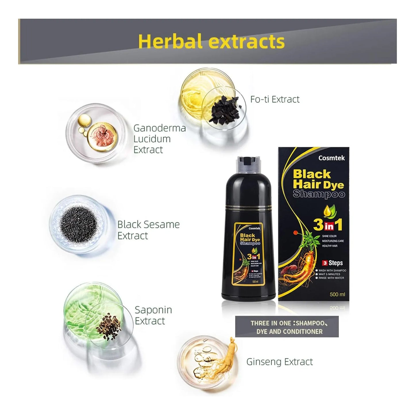 Champú Tinte Negro Semipermanente Cubre Canas Sin Amoníaco Nutrición Intensa