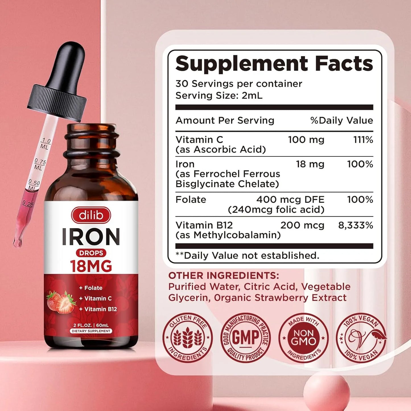 Suplemento De Hierro Liquido Con Vitamina C B12 Y Folato Sabor Fresa 4 Oz