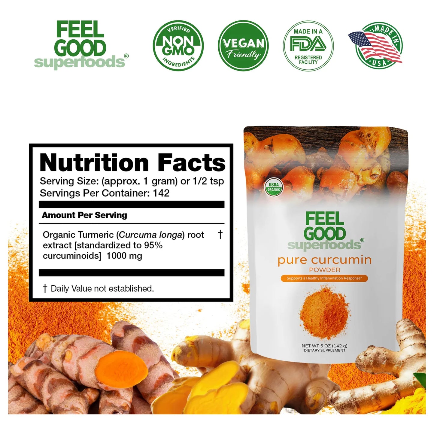Feelgood Organic Superfoods Polvo De Curcumina Pura Orgánico Sin OMG Vegano 5 Onzas