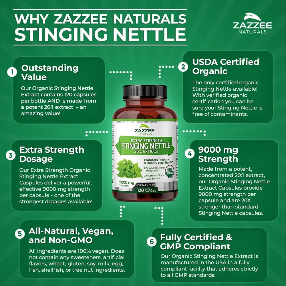 Extracto De Ortiga Orgánico 9000 Mg 120 Cápsulas Potencia 20X Certificado USDA