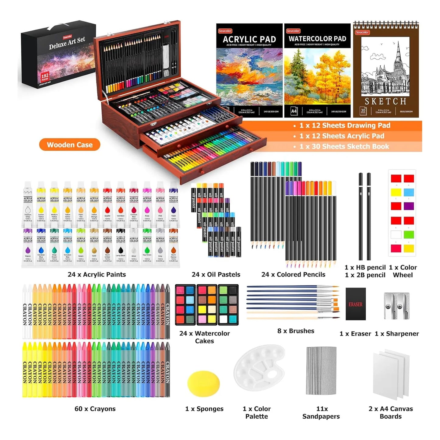 Kit De Arte 192 Piezas Pintura Acrilica Acuarela Lienzos SOMOS IMPORTACIONES GOLD