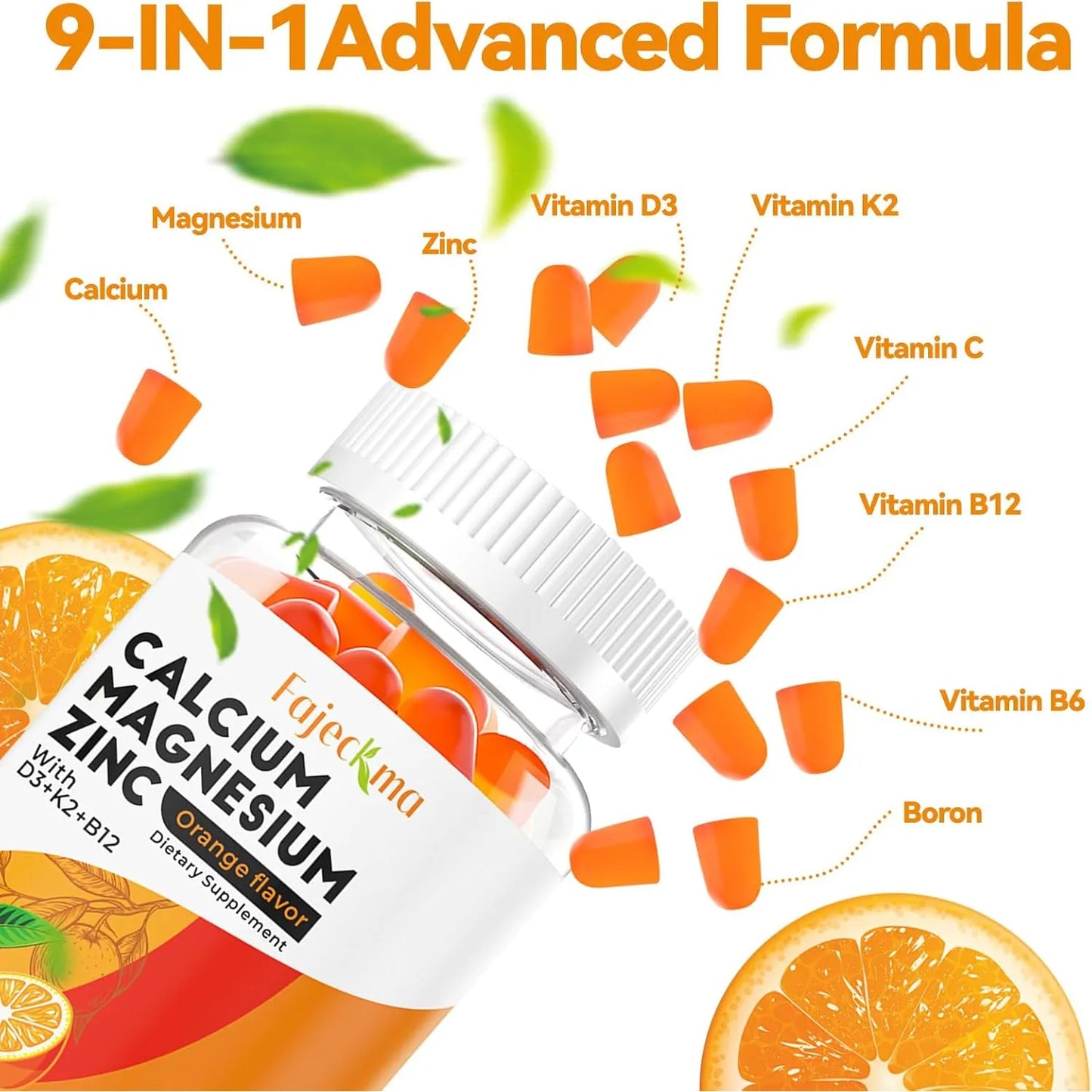 Gomitas Calcio Magnesio Zinc 1000 Mg Citrato D3 B12 Alta Absorcion Sabor Naranja Vegano