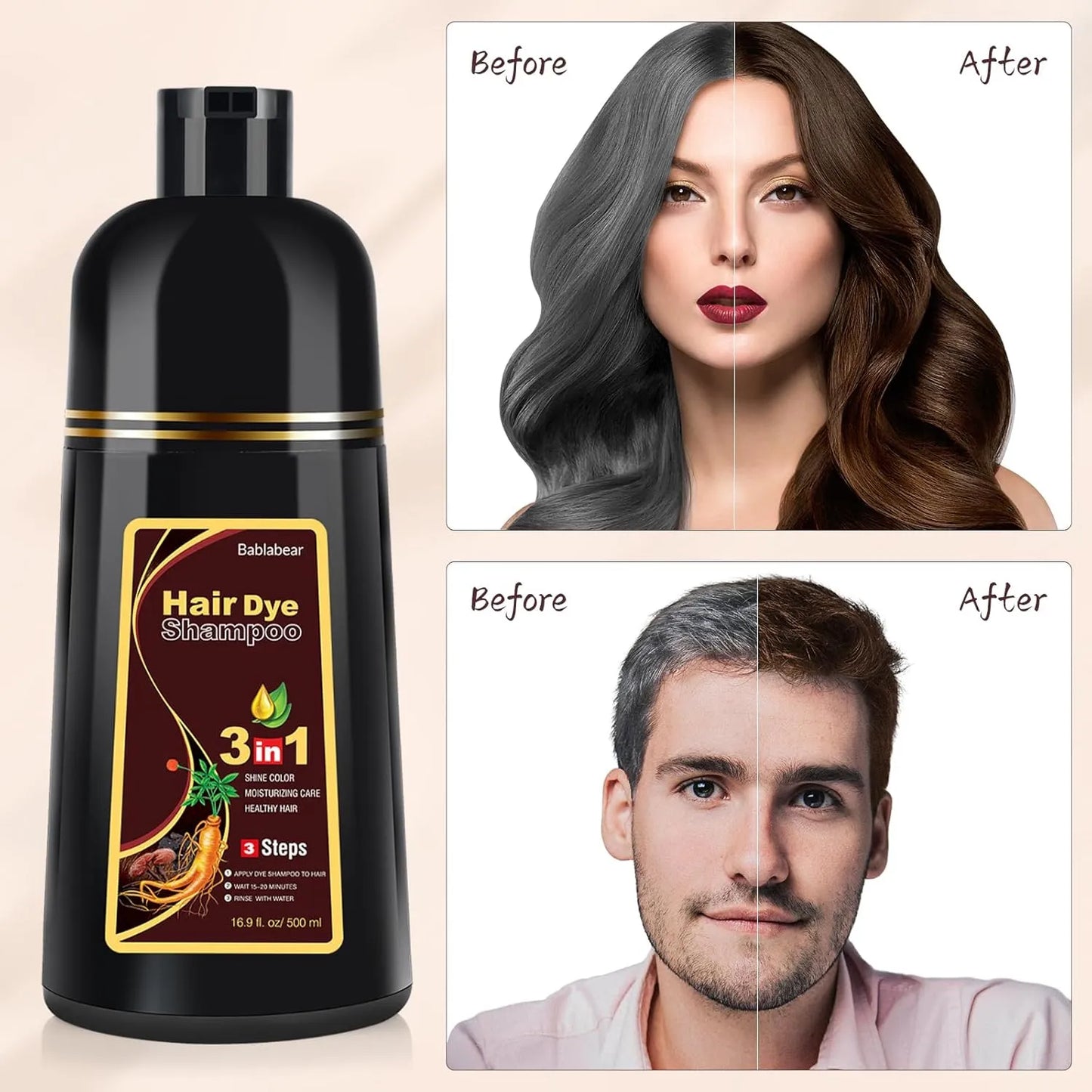 Champú Color Marrón Oscuro Para Cabello Gris Tinte Instantáneo 500 Ml
